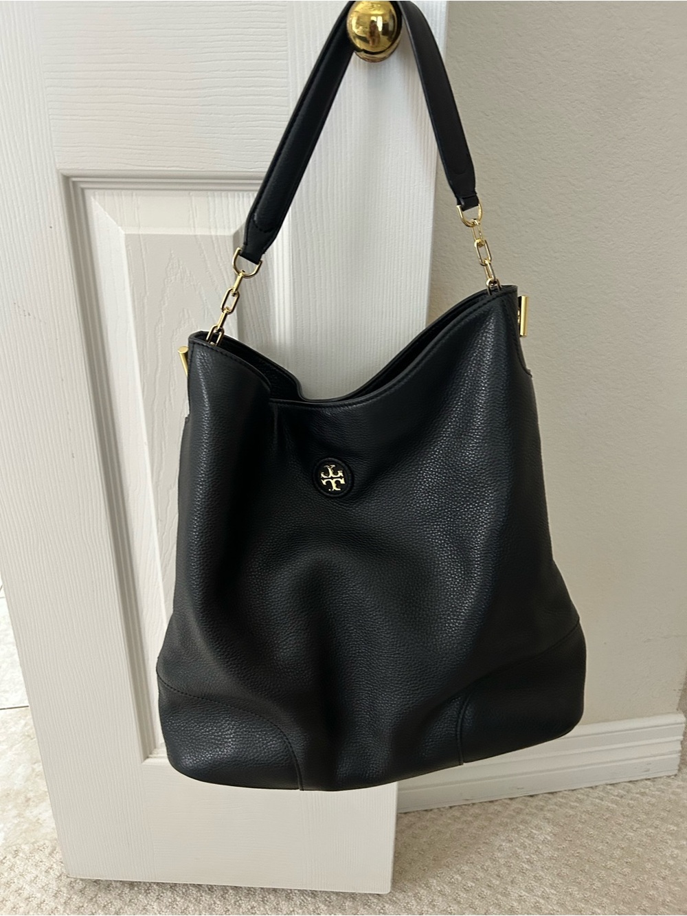 Tory Burch Black Pebbled Leather Hobo Shoulder Bag with Logo Medallion